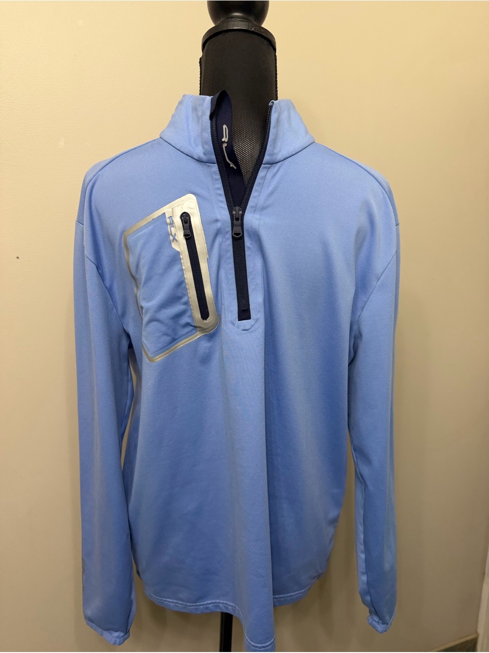 Ralph Lauren Men’s Light Blue Quarter-Zip Pullover with Zip Chest Pocket L/G